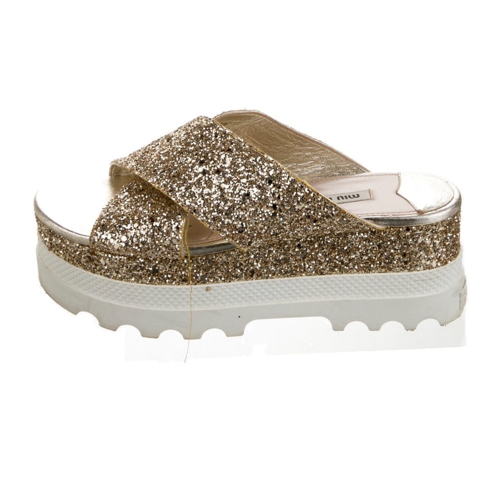 Miu Miu Sparkle Glitter Platforms In Gold Espadri… - image 1